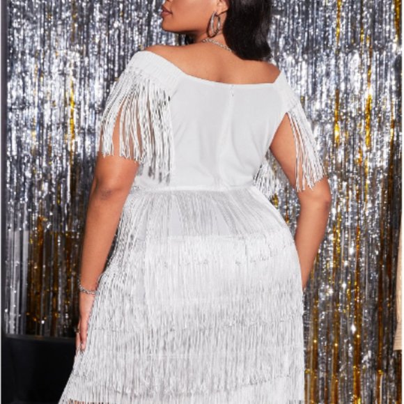 White Fringe Off the Shoulder Dress - Picture 2 of 3